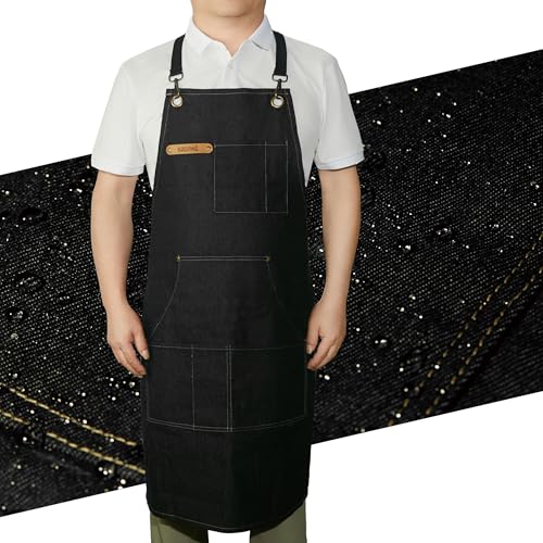 KAQJWL Unisex Chef Apron – Cross-Back, Large Pockets, Water-Resistant Cotton Canvas (Black Denim)