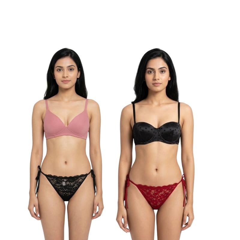 aethergox 2 Pack Women?s Lace Thongs ? Floral, Low Rise Panties G String Briefs (Black-Maroon)-picture-33