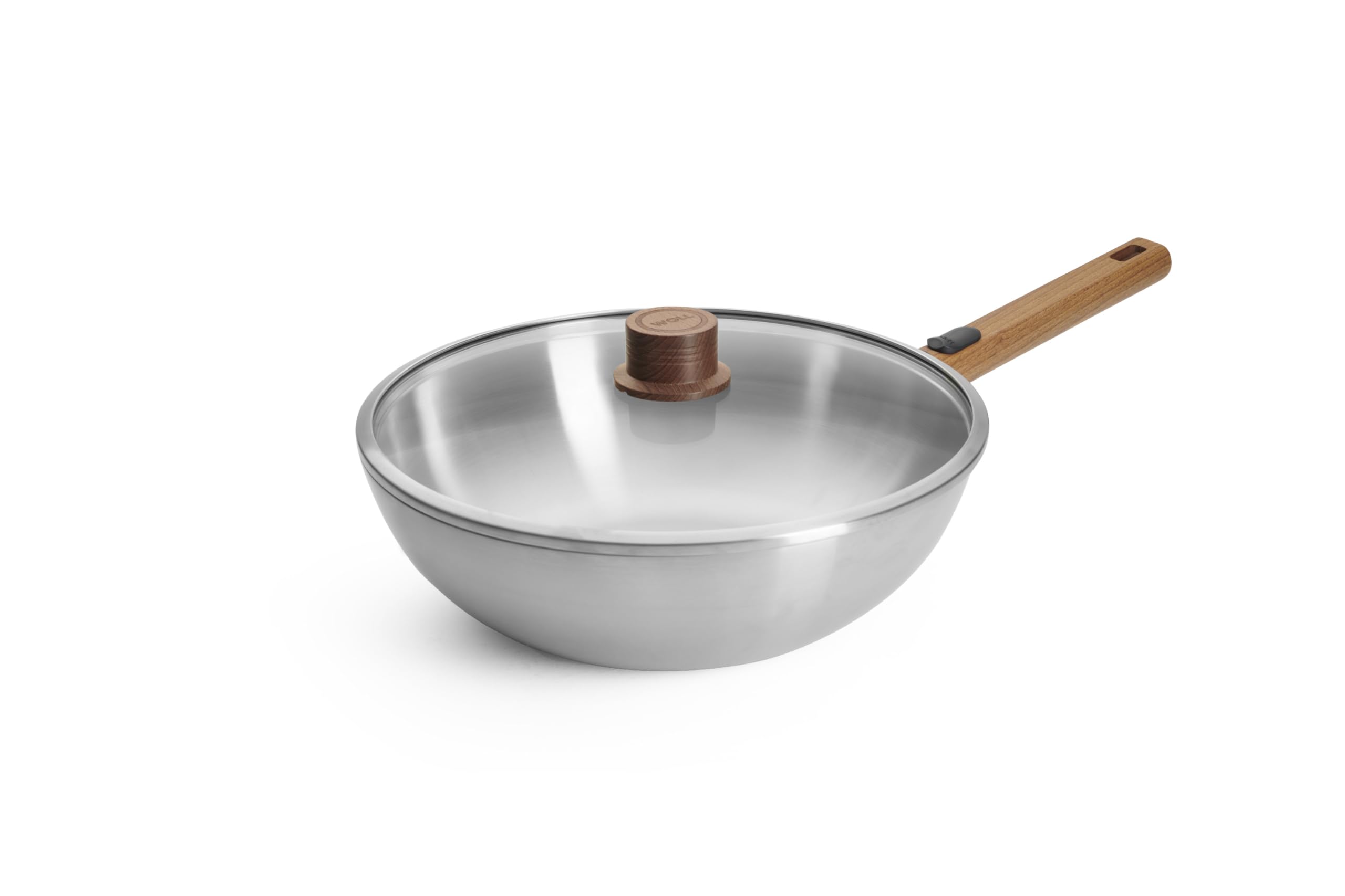 Woll Logic Steel Wok and Mixing Pan Inductive Diameter 30 cm Height 10 cm with Removable Wooden Handle Suitable for All Hob Types PFAS-Free