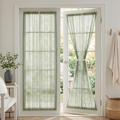 Image of MYSKY HOME Sage Green Lace French Door Curtains 72 inch Long 2 Panels Boho Sheer Floral Curtains for Door Window Scalloped Doorway Sidelight Curtains Come with 2 Matching Tie-Backs, 26 inch W Each Panel