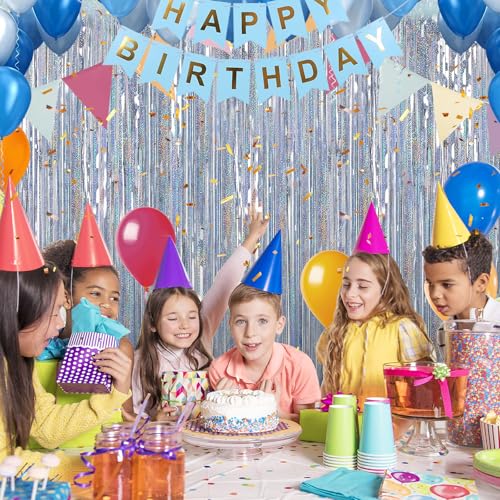 Image of Crosize 5 Pack 3.3 x 9.9 ft Laser Silver Foil Fringe Curtains Party Decorations, Laser Silver Tinsel Curtain Backdrop for Parties, Door Streamers, Glitter Streamer Backdrop for Birthday Decoration