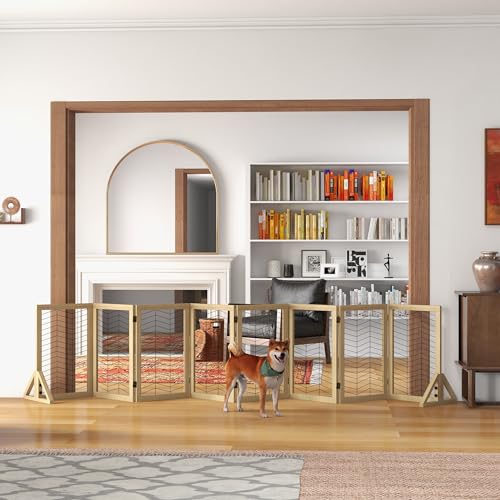 PawHut Hunde Absperrgitter aus Holz, Türschutzgitter, Klappbares Hundegitter mit 8 Platten, Hundeabsperrgitter, Treppenschutzgitter, Kamingitter für Ofen, Natur, 375 x 44 x 70 cm