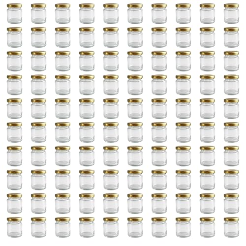 hocz 100x Mini Marmeladengläser 50 ml | mit Deckel Gold TO 43 | kleine Einmachgläser mit Schraubdeckel zum befüllen | Schraubgläser Sturzgläser Set | leere Gläser für Marmelade | 100 Stück