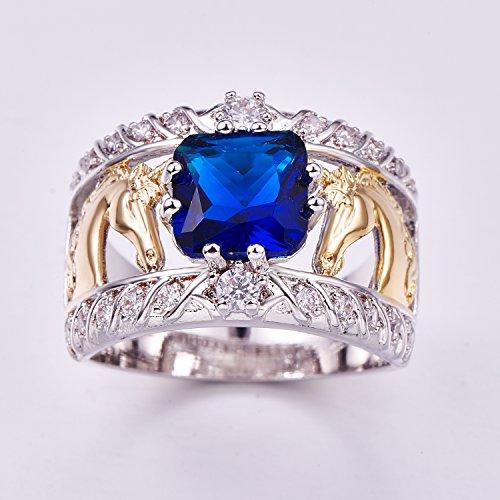 Silver Plated Princess Cut Created Blue Sapphire Cubic Zirconia Filled Engagement Wedding Proposal Promise Wide Rings Unicorn Horse Band for Women3