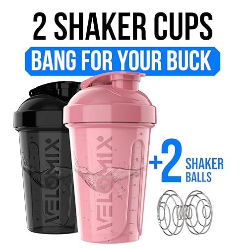 Image of VELOMIX -2 Pack- 20 oz Protein Shaker Bottles for Protein Mixes - 2x Wire Whisk | Leak Proof Shaker Cups for Protein Shakes and Pre Workout | Protein Shaker Bottle Pack (A7) Pink /Black