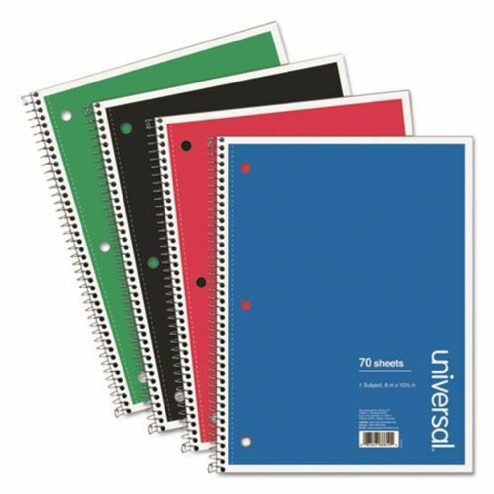 Universal oficina productos 66614 1 Sub. Cuaderno de espiral doble, 8 x 10 1/2, Colegio regla, 70 hojas, cubierta de colores, 4/PK