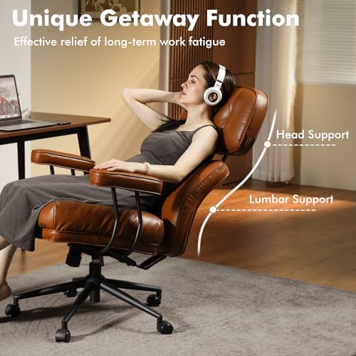 Image of High Back Executive Office Chair with Comfortable Deep Seat,Brown PU Leather Modern Office Chair,Ergonomic Big and Tall Computer Desk Chair with Lumbar Support(Light Brown)