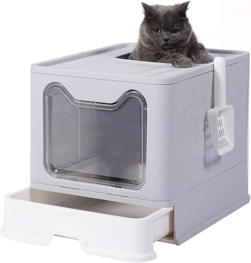 Cat Litter Box, Foldable Top Entry Anti-Splashing Cat Toilet, Closed Plastic Cat Litter Box with Convenient Litter Spoon, Drawer Type Cat Toilet for Easy Cleaning,Scentless Pet Litter Box Cat Basin