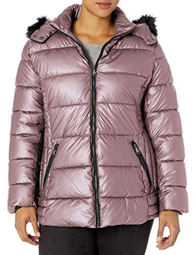 Nanette Lepore Women's Puffer Jacket with Faux Leather, Mauve, X-Small