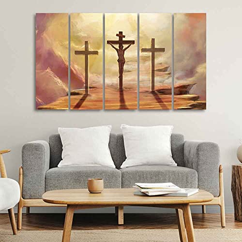 Image of VIBECRAFTS Jesus Cross with Moon Dark Background Five Pieces Canvas Wall Painting For Home|Office|Living Room|Gift (PTVC5Pcs4 8588)