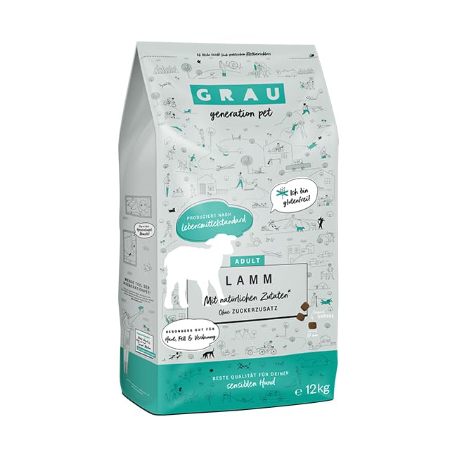GRAU – das Original – Trockenfutter für Hunde - Lamm, 1er Pack (1 x 12 kg), glutenfrei, für Sensible, Erwachsene Hunde