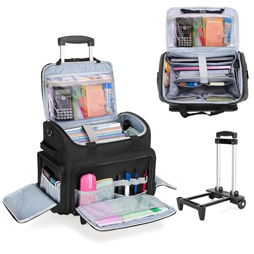 CURMIO Bolsa de Profesora con Ruedas, Bolso Trolley para Maestra con Organizador de Archivos Expandible, Negra (Diseño Patentado)