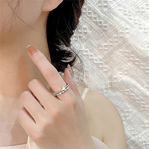 Dtja Layered CZ Heart Promise 925 Sterling Silver Ring for Women Girls Crystal Forever Love Statement Stacking Expandable Open Rings Adjustable Comfort Fit Wedding Valentine Birthday Jewelry Gift3