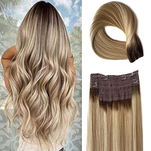 Wire Hair Extensions, Fish Line Hair Extension Human Hair, Wire Hair Extensions Human Hair,14inch 70g Ombre Balayage Ash Brown to Dirty Blonde and Platinum Blonde Highlights Straight Hairpiece Flip in Hair Extensions Clip in Extensions with Invisible