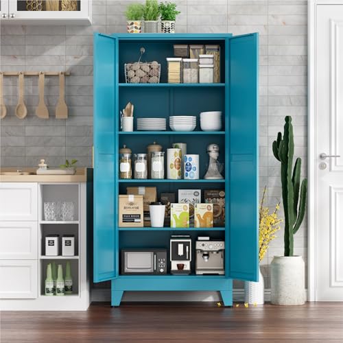 Image of Farmhouse Pantry Cabinet with Barn Doors, 71 inch H x 31.5 inch W, 5-Tier Metal Storage Cabinet with 4 Adjustable Shelves for Kitchen Garage Dining Room,Blue 1 Pack