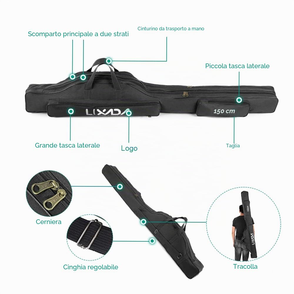 Borsa da pesca, 170 cm, portatile, pieghevole, per canna da pesca, attrezzatura da pesca, borsa da viaggio, organizer