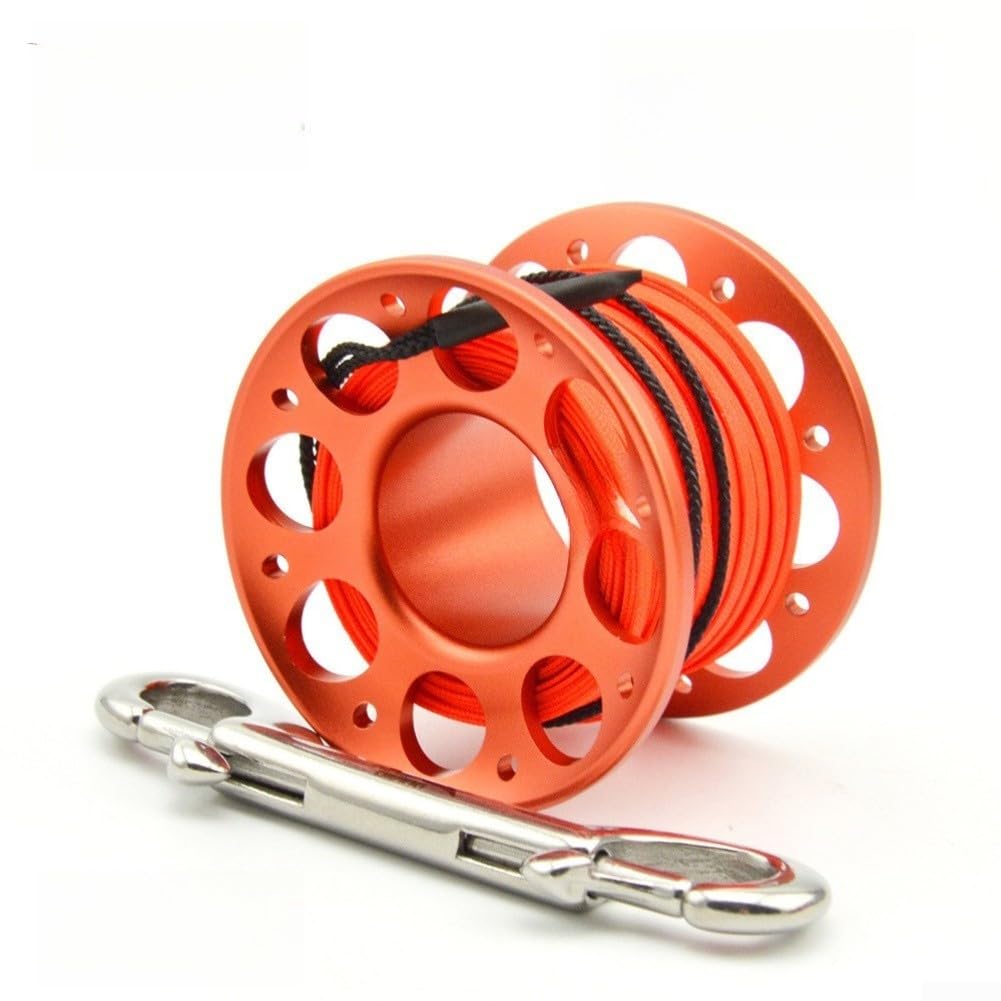Tauchrolle T6061 Aluminium mit Doppelhaken aus 316 Edelstahl, hohe Sichtbarkeit, orangefarbene flache Schnur für Scuba Smb, Schwarz, 6 x 4,2 cm (15 m-orange)