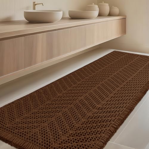 Extra Large Waffle Bath Mat, Boho Woven Modern Bath Rug Absorbent Non Slip, Ultra Soft Bathroom Mats, Machine Washable Knit Bath Rugs with Herringbones for Bathroom, Bedroom, Kitchen, 6'x2', Brown by IM HOME - Used condition - US$17.21