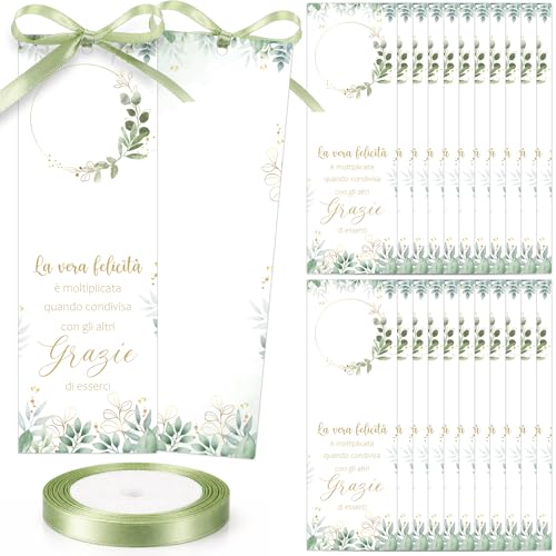 Nezyo 50 Pezzi Segnaposto Comunione Matrimonio Compleanno Bomboniere Segnaposto Battesimo Cresima Grazie di Esserci Bigliettini Partecipazioni con Nastro Tavolo Decorazione(Verde salvia)