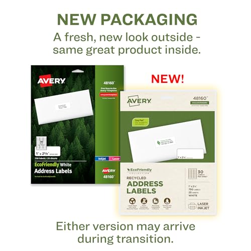 Image of Avery EcoFriendly Recycled Address Labels, 1 inch x 2-5 /8 inch, White, Permanent Label Adhesive, 750 Printable Labels (48160) (Pack of 5)