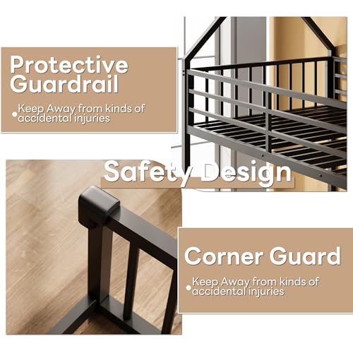 Image of LIKIMIO Bunk Bed Twin Over Full Size, House Bunk Bed Frame with Ladder and Guardrail, House Shaped with Metal Slats Support No Box Spring Needed Space Saving for Bedroom and Dorm, Black