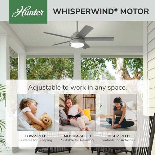 Image of Hunter Fan Company, 52416, 52 inch Seawall Matte Silver WeatherMax Indoor /Outdoor Ceiling Fan with LED Light Kit and Wall Control