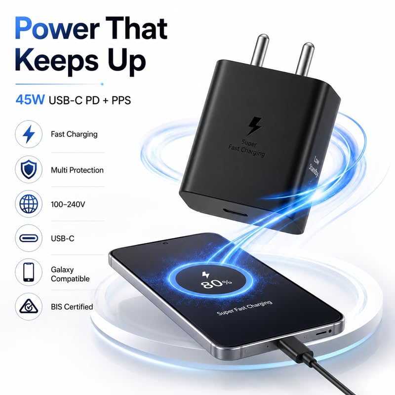 Image of 45W PD Type-C Superfast Charging Adapter Compatible with Samsung Galaxy S6 /S7 /S8 /S9 /S10 /S20 /S21 /S23 /S24 /S25 /S26 Z Flip7 (FE, Edge, Plus) 45watt Fast Quick Charger for C-Type Devices
