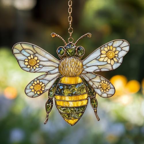 Image of Bee Christmas Ornament Bumblebee Acrylic Suncatcher Stained Glass Effect Window Hanging Honeycomb Sun Catcher Garden Decor Gift for Mom Grandma Women