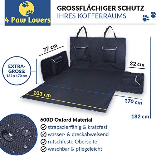 4 Paw Lovers Hundedecke Auto Kofferraum mit Stoßstangenschutz & 4 Taschen – Wasserdicht & Kratzfest, Universal 182 x 170 cm, Kofferraumschutz Matte