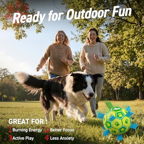 Image of QDAN Dog Toys Soccer Ball, Durable Dog Balls with Strap for 20-40 lbs Dogs | 6 Inch Puppy Water Pool Toy, Durable Rope Toys for Dogs, Outdoor Herding Balls for Small Medium Dogs, Dog Gifts, Green