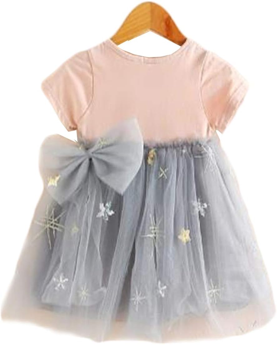 ジャンーウェ 子供服 女の子 ワンピース チュールワンピース 半袖 ベビードレス 切り替え かわいい ふわふわ 結び蝶 星柄 フレア発表会 花見 卒園式 プリンセス 定番の冬ギフト