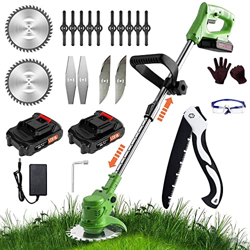 LOFIR 21V Cordless Strimmer w/ 2Pcs 2.0Ah Battery & Charger Battery Strimmer w/ 4 Types Blades...