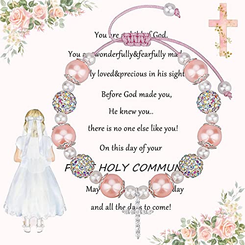 Image of MollyQueen First Communion Gifts,Baptism Gifts,First Holy Communion Pearl Bracelet,Confirmation Gifts for Women,Catholic Gifts,Cross Bracelets Religious Jewelry Gifts