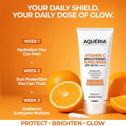 Image of Aqueria 3-in-1 Bright Detan Sunscreen SPF 50 PA++++ | In-Vivo /In-Vitro Tested | 5% Niacinamide, 5% Hyaluronic & Vitamin C | Modern UV Filters | Broad Spectrum UVA /UVB & Blue Light Protection | Lightweight, No White Cast, Sweat Resistant | Suitable for Daily Use | For Normal, Dry & Sensitive Skin | 50g