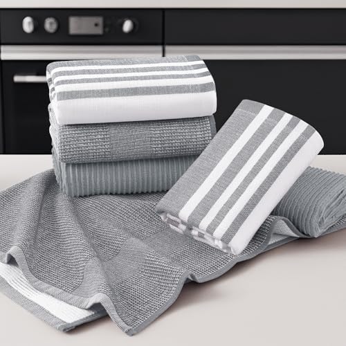 Image of Homaxy Premium Kitchen Towels(18 inchx 28 inch, 3 Pack), Large Cotton 380 GSM Kitchen Hand Towels, Soft and Absorbent Terry Dish Towels, Multipurpose Tea Towel Set with Hanging Loop, Grey