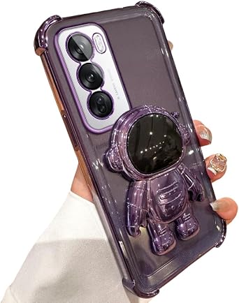 Compatible with Oppo Reno 12 5G Case, Luxury Plating Astronaut Stand Holder Phone Case for Women Girls Soft TPU Astronaut Design with Camera Protection, Case for Oppo Reno 12 5G C
