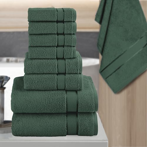 Image of Elegant Comfort Premium Cotton 8-Piece Towel Set, Includes 4 Washcloths, 2 Hand Towels and 2 Bath Towels, 100% Turkish Cotton - Highly Absorbent and Super Soft Towels for Bathroom, Hunter Green