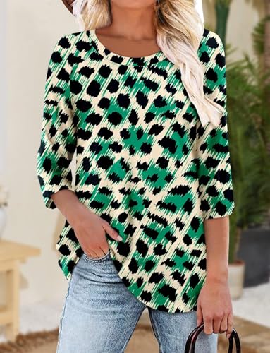 KISSMODA Tunic Tops for Women Loose Fit Dressy Round Neck Pleated 3/4 Length Sleeve Spring Tops