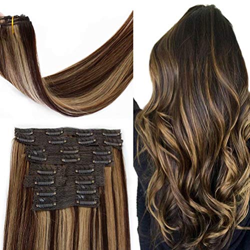 20Inch 120g 10pcs Real clip in Human Hair Extensions Double Weft for Women clip on hair extensions human hair Chocolate Brown to Dirty Blonde 4/18 Balayage Hair Natural Hair Extensions