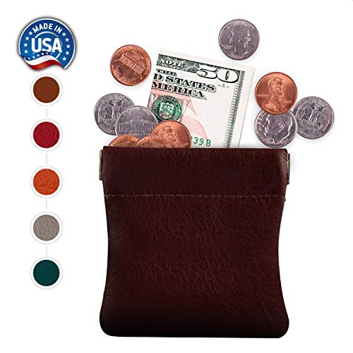 Image of Classic Leather Squeeze Coin Purse change Holder For Men, Pouch size 3.5 in X 3.25 in. high, Burgundy