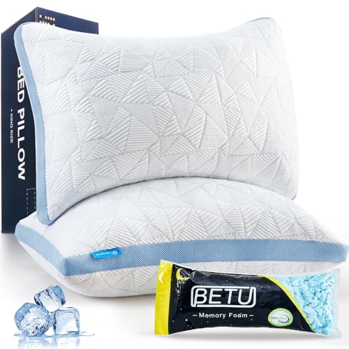 Image of BETU Cooling Pillows Queen Size Set of 2, Shredded Memory Foam Cool Pillows for Hot Sleepers, Adjustable Firm Soft Support Bed Pillows Perfect for Back Neck Pain and Side Sleeping with Cover, Blue