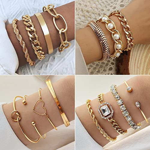 15 Pcs 14K Plated Gold Bracelets Set for Women, Multiple Layered Stackable Open Cuff Bangle, Adjustable Cuban Link Chain Tennis Bracelet Pack, Dainty Classic Aesthetic Jewelry2