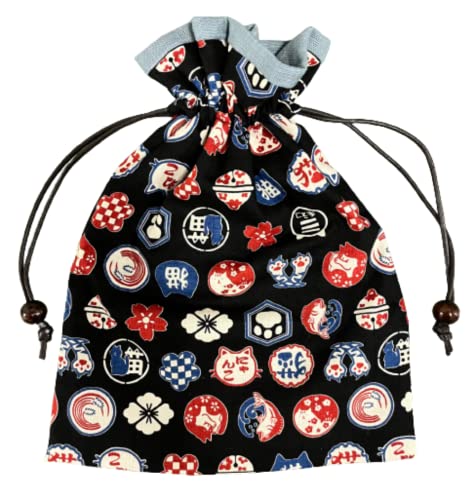 Drawstring bag fully lined with Japanese Pattern Black/X Cat Pattern Light Blue Handmade Made in Japan