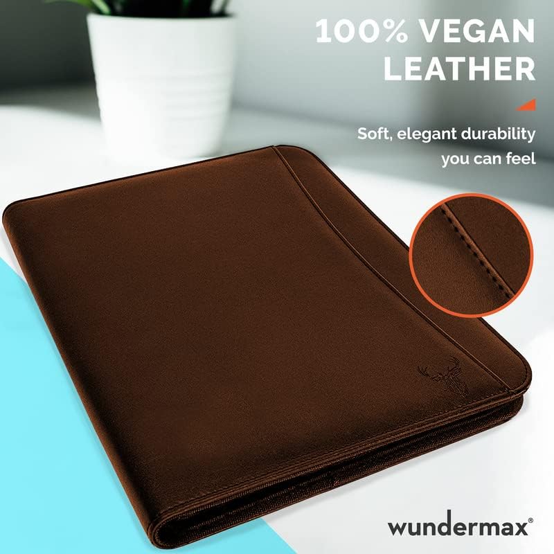 Wundermax Portfolio Binder - 13 x 10.5 x 1.8 Inch, Vegan Leather, 3-Ring Padfolio for Women and Men w/Zipper, Detachable Binder, Notepad and Pockets for Tablet, Resume and Documents - Brown