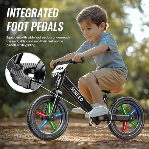 Image of SEREED Toddler Balance Bike 2 Year Old, No Pedal Kids Bicycle Toys for 2-5 Years Old, Tool-Free Adjustment, Customize Plate with Stickers, Gift for 2-3 Boys Girls (Black Lighting)