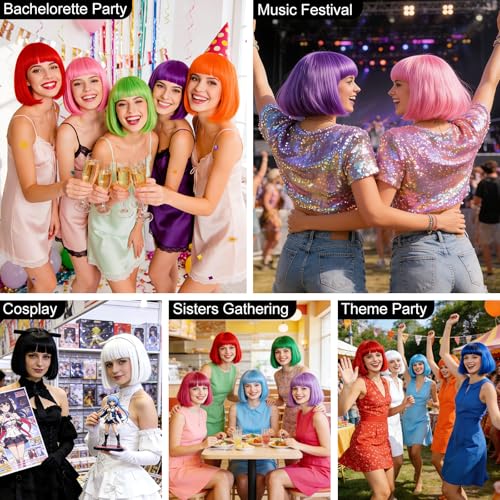 Image of MEEZY 2 Pcs Neon Bob Wigs with Bangs Black White for Women Colorful Fun Wig Short Bob Hair with Heart Sunglasses Hair Cap for Halloween Costume Cosplay Photography Birthday Bachelorette Party Carnival