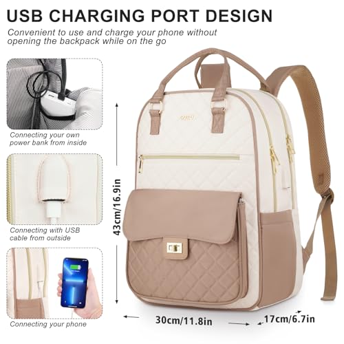 Image of School Backpack for Teen Girl,Aesthetic Schoolbag Bookbag with 15.6-Inch-Laptop Compartment for Women College Student Work Travel Nurse Teacher,Khaki-Beige