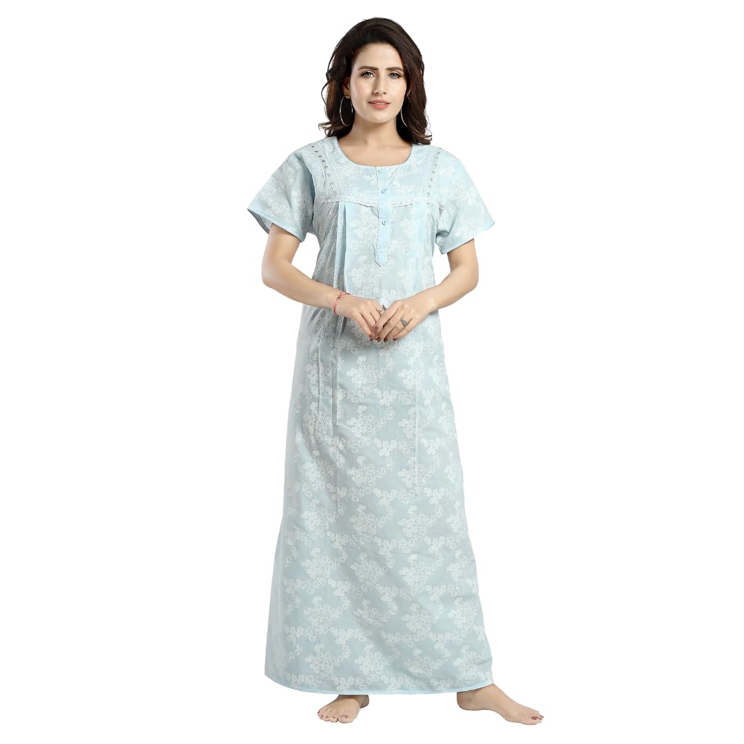 Jammies HavenItalian Cotton Nighty in Blossom Ice Blue | Nighty | Short Sleeve | ITL | Large