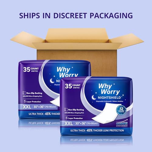 Image of WhyWorry NightShield Incontinence Bed Pads for Adults, 30 inch x 36 inch, 70 Count | Non Slip Grip, Extra Large Chucks for Women & Men, Waterproof Disposable Underpads, Overnight, Odor Control, Slip Resistant