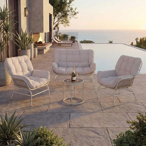 Lounge-Set HWC-P75, Gartengarnitur Sofa Sitzgruppe, Stoff 220g/m² Poly-Rattan Metall - hellgrau, Polster beige